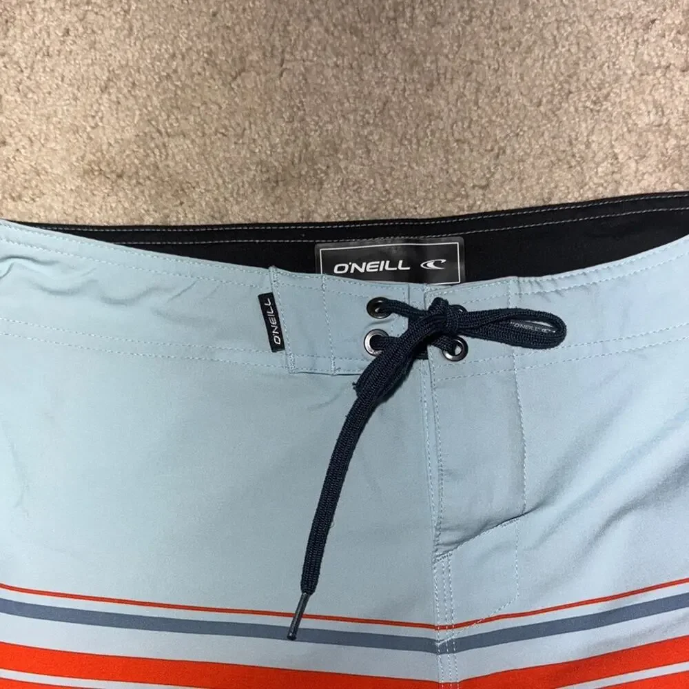 O'Neill Blue and Orange Striped Swim Board Shorts Mens 29